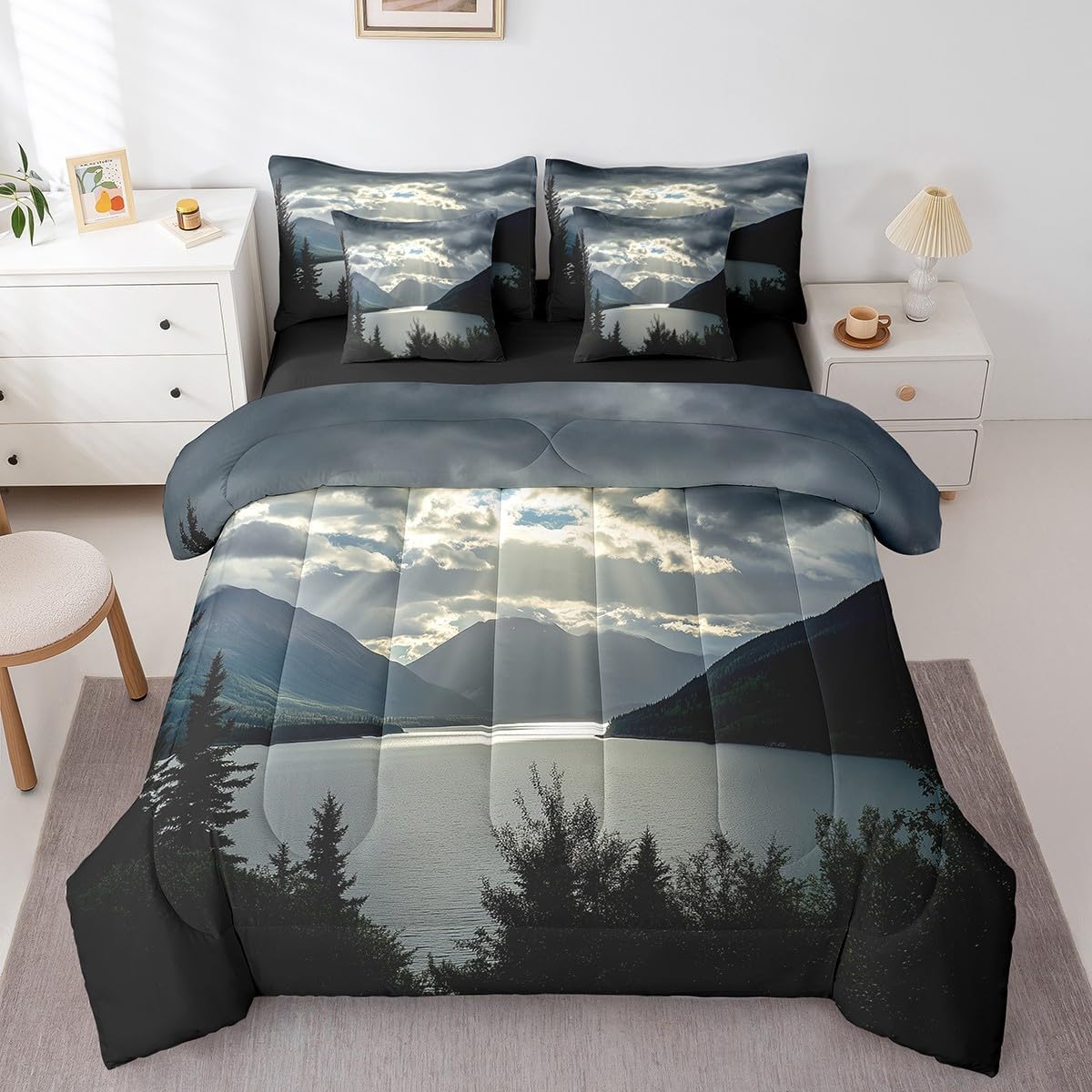 Erosebridal Nature Theme Twin Bedding Set 7 Piece Mountain Comforter Set with Sheets Lake River Trees Bed in A Bag for Kids Adults Reversible Natural Scenery Bed Set with Comforter,Pillow Covers