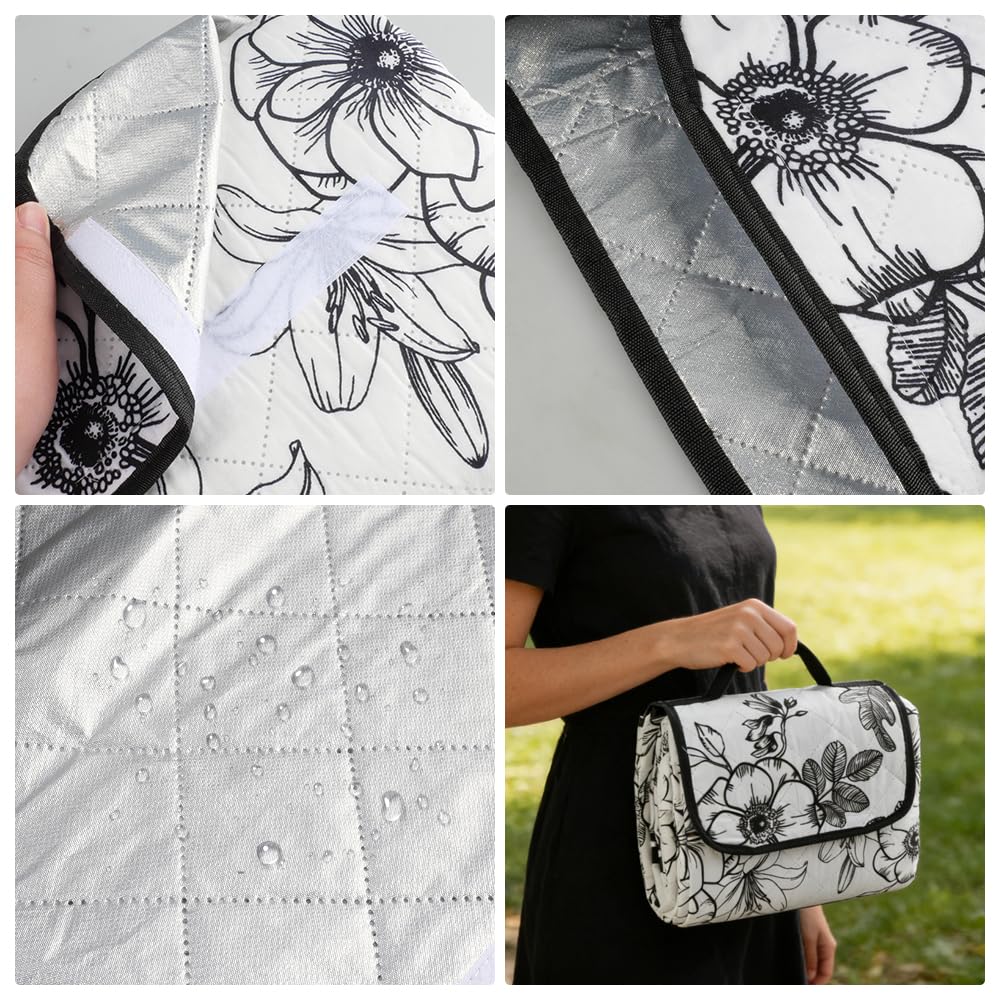 Couverture de pique-nique pliable avec poignée de transport, motif floral noir et blanc, imperméable, couverture d'extérieur isolée et rembourrée pour plage, parc et pique-nique en famille