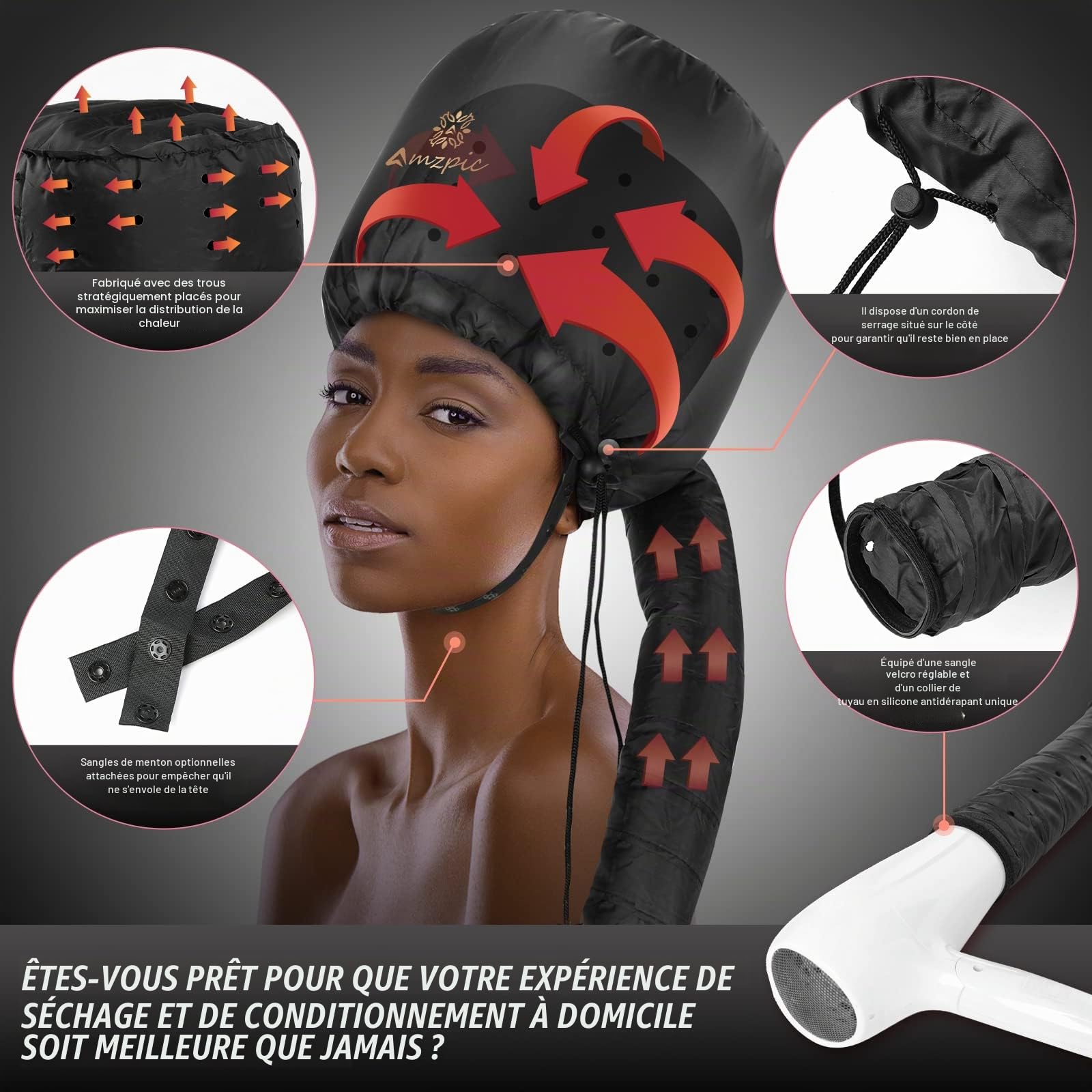 Fixation pour sèche-cheveux avec capuche, fixation douce et réglable pour sèche-cheveux extra large pour un séchage plus rapide à la maison, facile à utiliser pour le coiffage, le bouclage et