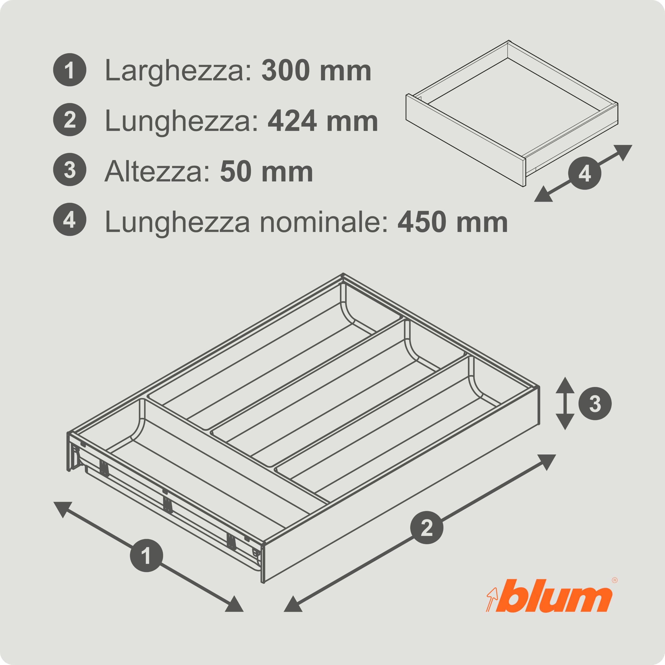 blum AMBIA-LINE portaposate Soft-Touch | organizer cassetto premium per cassetti e mobili da cucina moderni | protegge, ordina e organizza posate e utensili | 42×30×5 cm | Grigio Orion