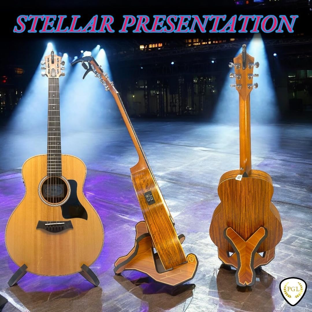 PGL Stepped Wooden Guitar Stand (Floor Stand) w/ Thicker EVA Protective Padding, Thicker Material, Electric Guitar Step, Acoustic Guitar Step, Surface Laser Engraved Diagram and Border, Universal Holder for Acoustic, Bass, Electric & Classical Guitars Sapele Wood Finish