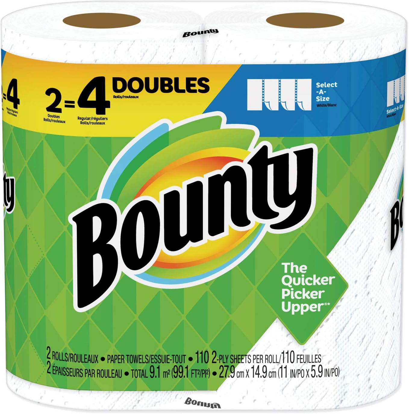 Bounty Select-A-Size Paper Towels, White, 2 Double Rolls = 4 Regular Rolls , 64 Count (Pack of 2)