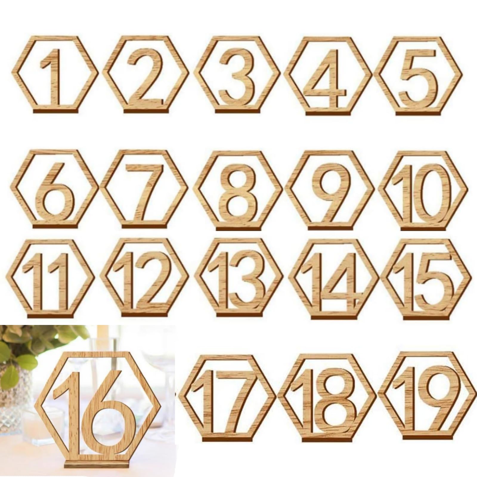 Números de Números de Madera, Numeros de Mesa Boda, Números de Mesa de Madera, 1-20 con Base de Soporte en Forma de Hexágono Soporte de Mesa para Tarjetas de Fiesta, 20 Piezas