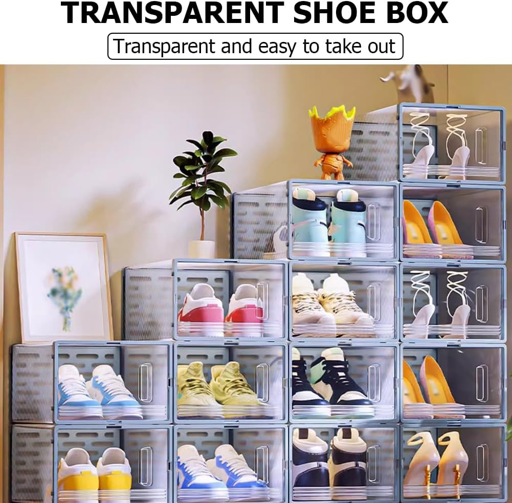 6 Pack Clear Shoe Organizer Boxs,Plastic Stackable Shoe Storage Boxes,Display Case Holder Shoe Bin for Entryway Drawers,Easy Assembly