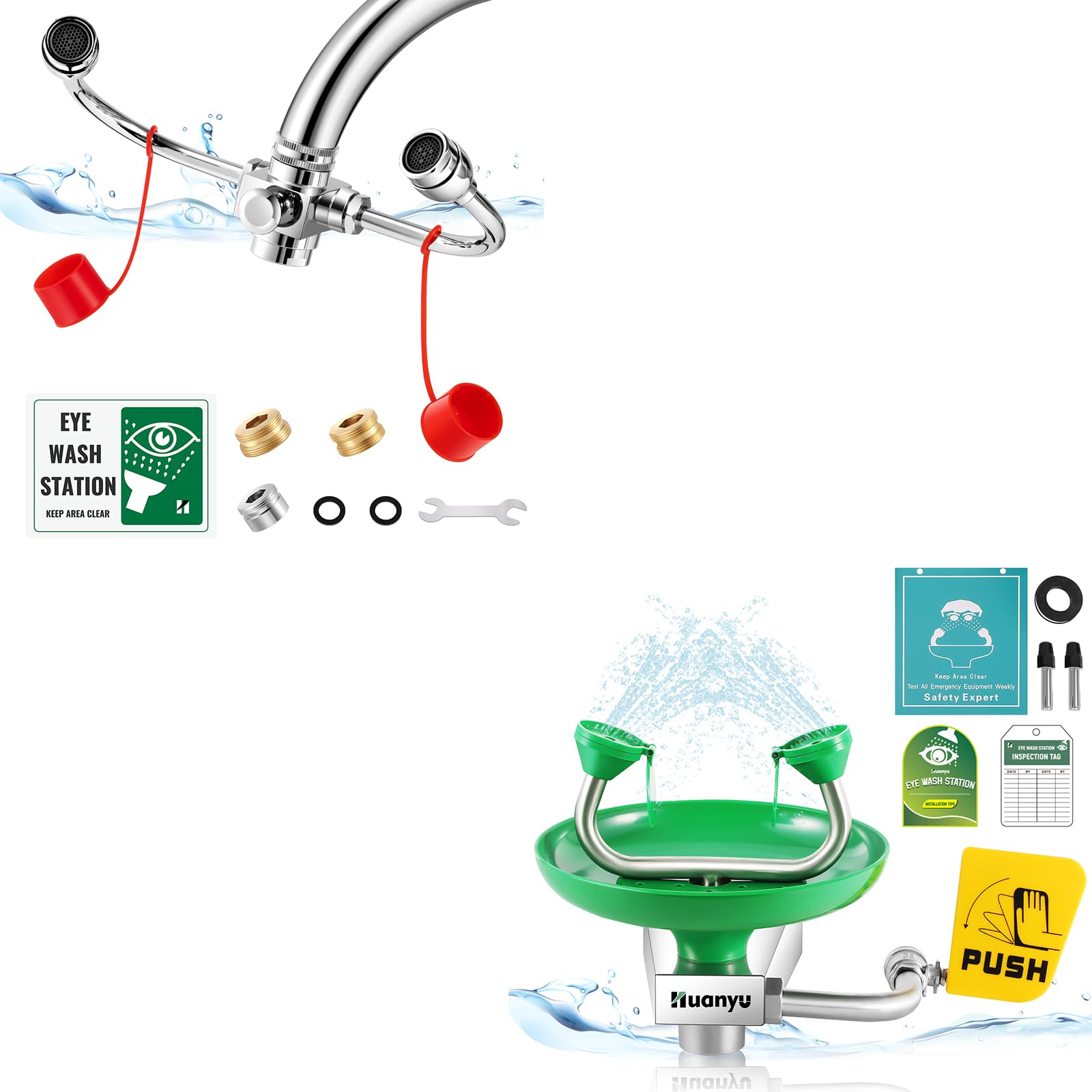 Huanyu Faucet Mounted Eye Wash Station (Style B*1) + Wall Mounted Eye Wash Station (1302 * 1)
