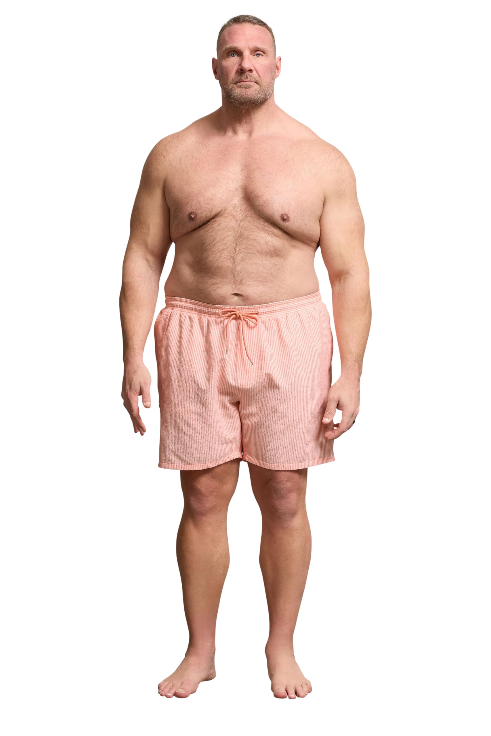 Badrhino Men's Light Pink Big & Tall Pink Stripe Seersucker Swim Shorts - Plus Size Curve