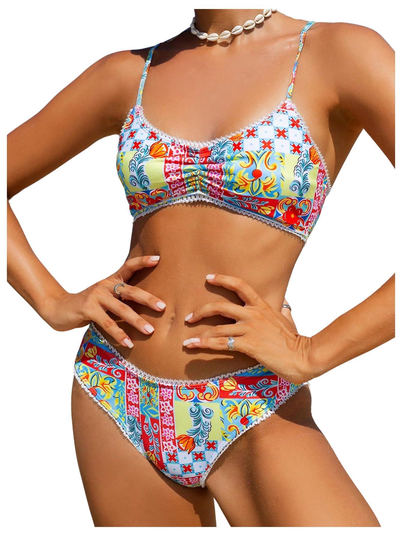 Damskie Boho Spaghetti Z Paskiem Kwiatowy Nadruk Marszczony Strój Kąpielowy Bikini 2-częściowe Stroje Kąpielowe Wielokolorowy Duży