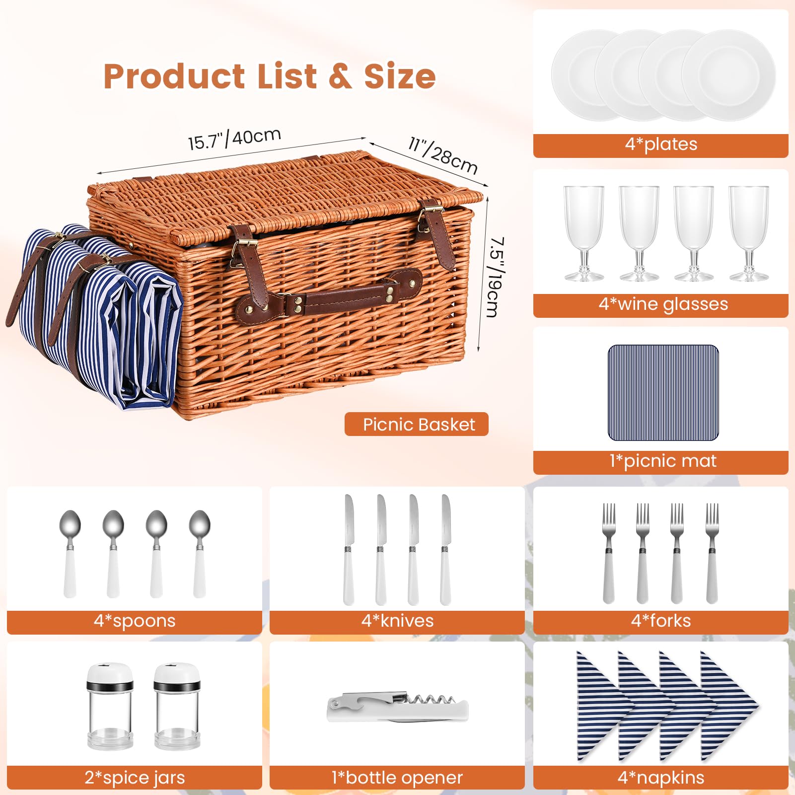 Cestino da Picnic in Vimini per 4 Persone, Cesto Picnic con Scomparto Termico, Coperta Impermeabile, Piatti, Bicchieri, Posate, per Campeggio, Festa all'Aperto, Spiaggia, Escursioni, Blu