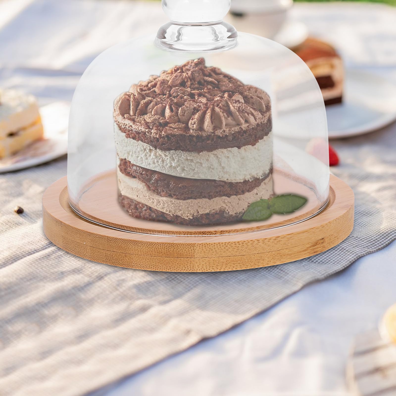 Veemoon Mini Cloche en Verre Base en Bois et Poignée Plateau à Dessert Transparent pour Fromage Bonbons et Fruits pour Dégustation et Présentation