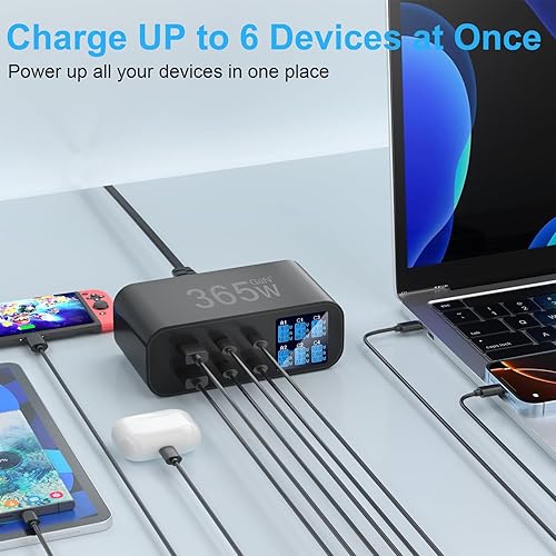 Miniatura 3 de Cargador USB C de 365 W de 6 puertos con pantalla LED de brillo ajustable, estación de carga USB, cargador rápido multipuerto PD 100 W 65 W QC 3.0