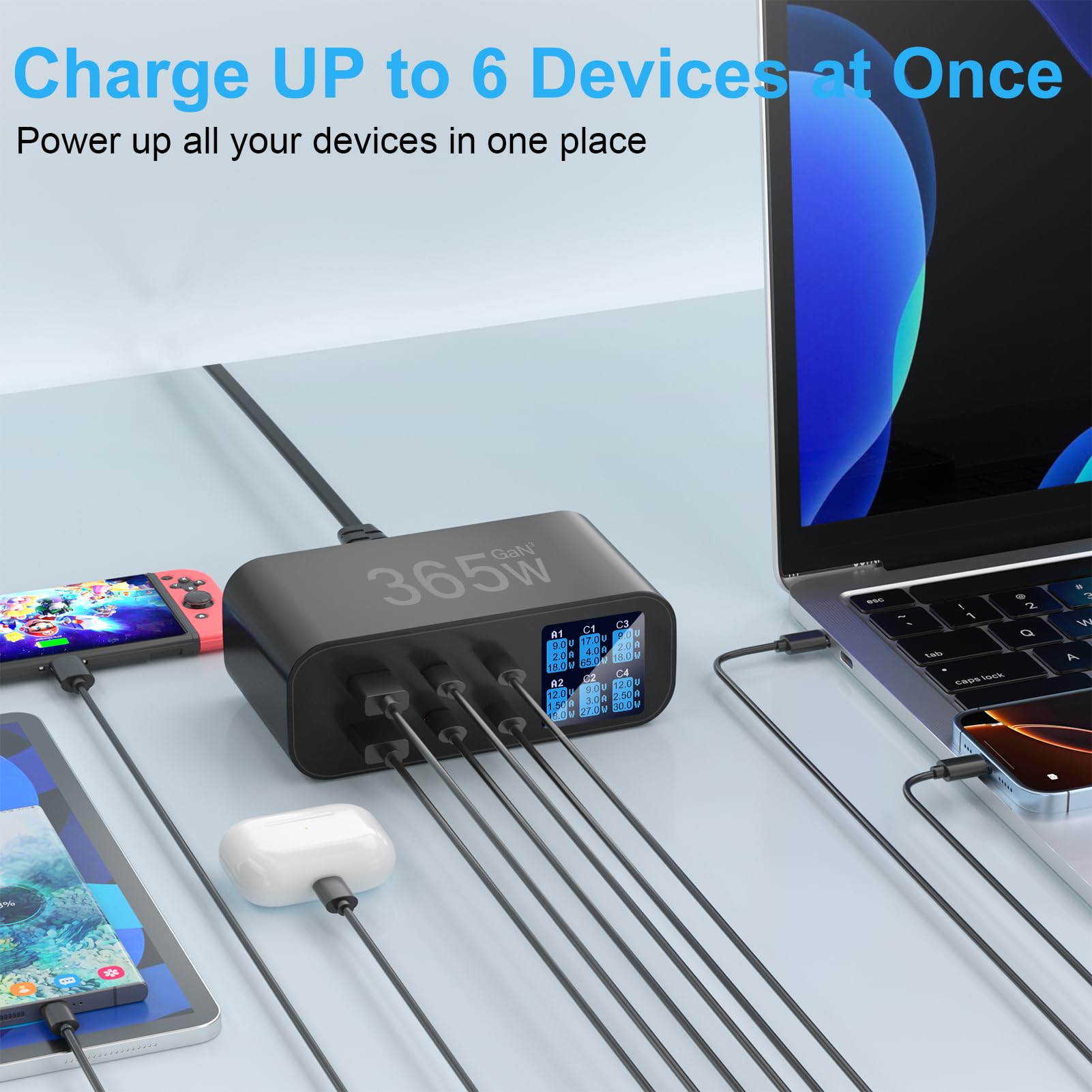 365W Caricatore USB C Multiplo con Schermo LED, YSYFAD 6 Porte Stazione di Ricarica GAN Fast PD Caricatore USBC 100W QC USBA caricabatterie per Macbook laptop usb i Phone Pad Watch Galaxy, Nero