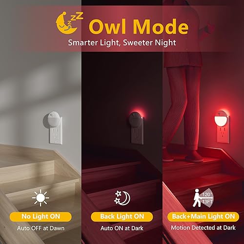 Miniatura 4 de Paquete de 2 luces nocturnas enchufables con sensor de movimiento y sensor de atardecer a amanecer, atenuación continua, luz nocturna LED roja con 3