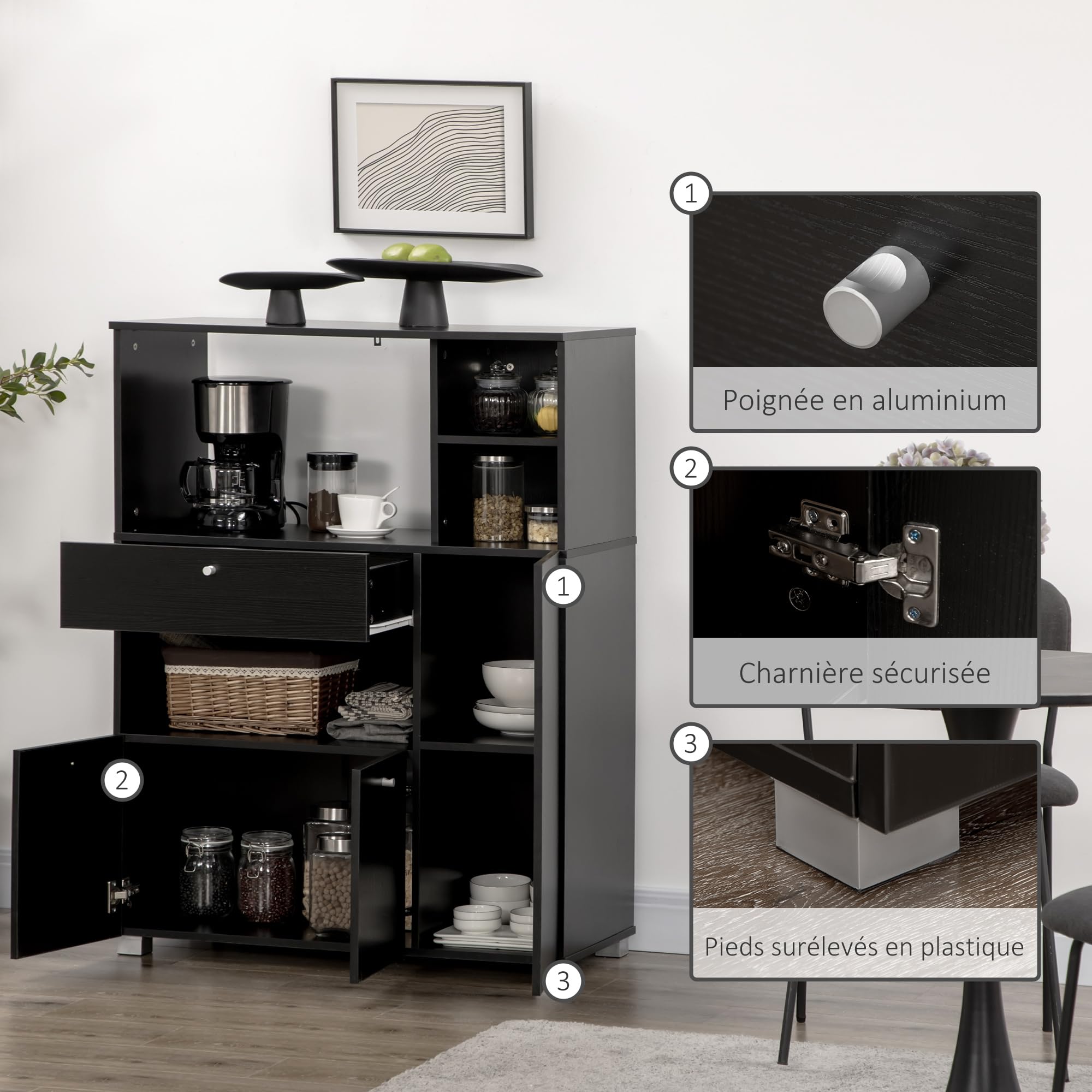 HOMCOM Meuble de Micro-Onde Buffet 2 Placards 90L x 40l x 120H cm Noir | Armoire Cuisine, Meuble de Rangement Multi-Rangements, 4 Niches, Tiroir Coulissant, en Bois