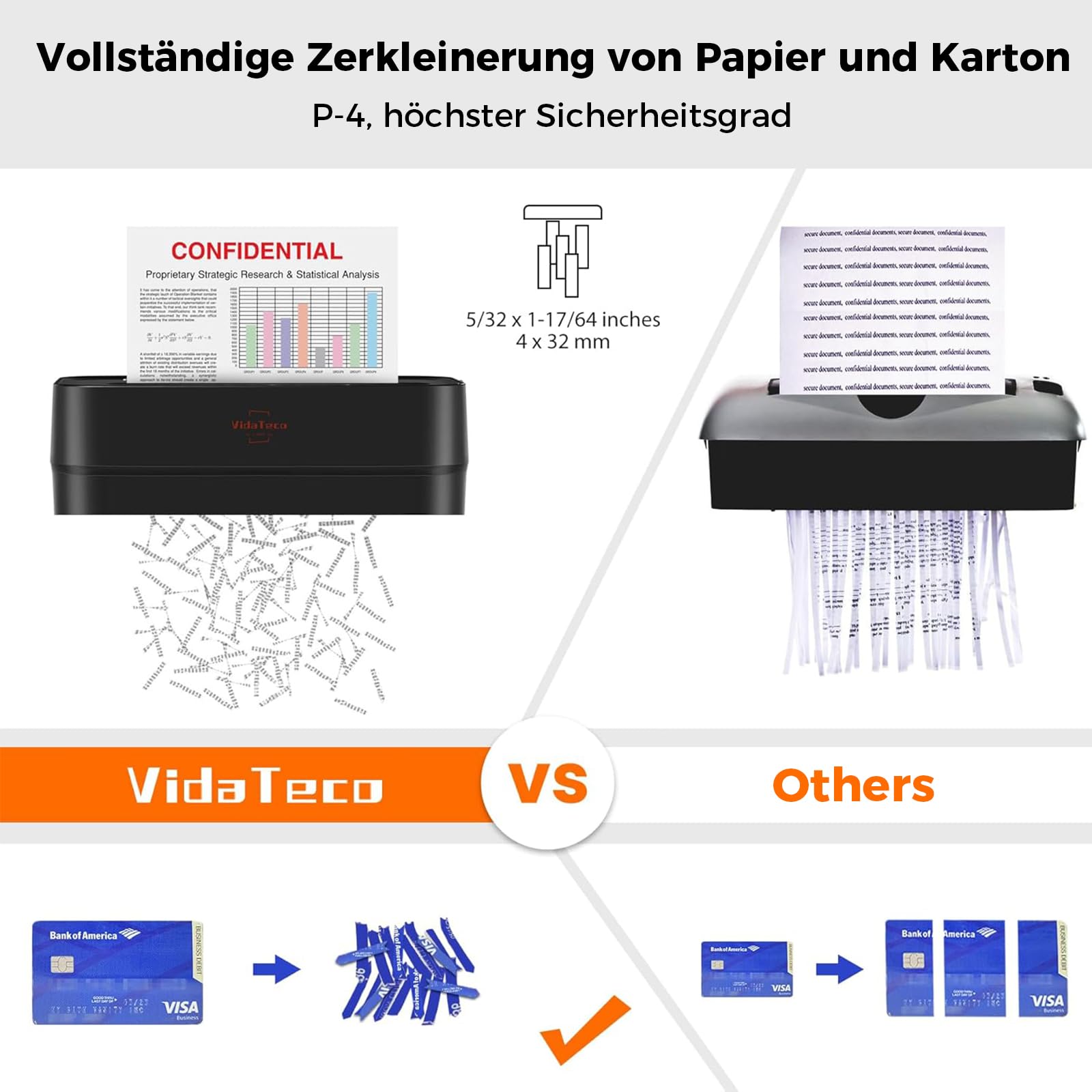 VidaTeco Schredder 6 Blatt Kreuzschnitt P-4 Aktenvernichter Büros und Home | Partikelschnitt Papierschredder für Papier/Kreditkarten,Reisswolf mit Tragbares Griffdesign 11.5L Behälter Schwar
