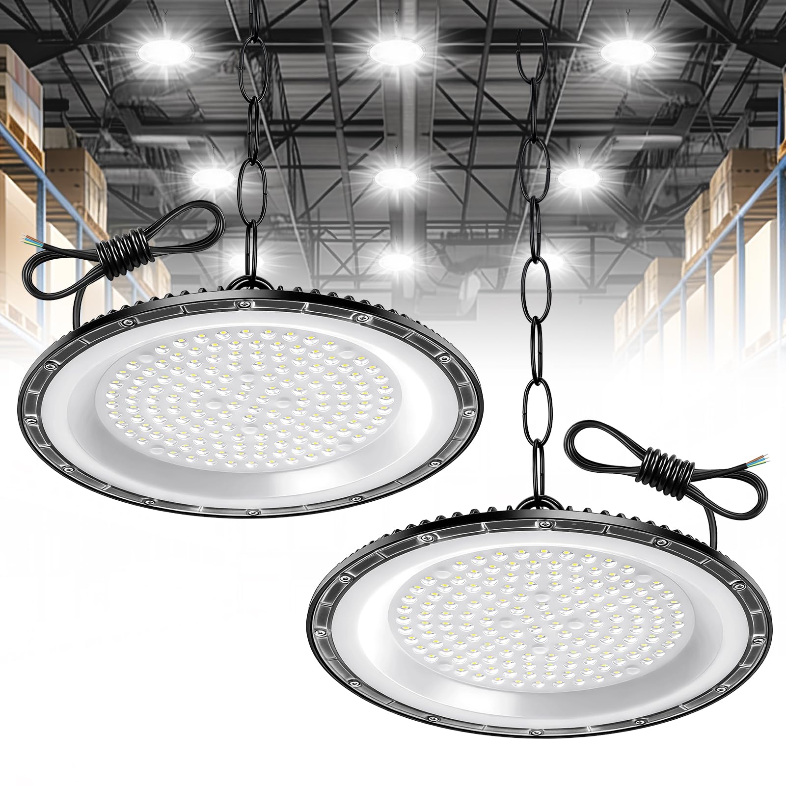 papasbox 2 PCS 200W UFO LED High Bay Light, 20000LM UFO led Workshop Light, Cold White 6500K Bright Workshop Lighting, IP65 Waterproof Industrial lamp high Bay for Factories, Garage, Warehouse — image 1