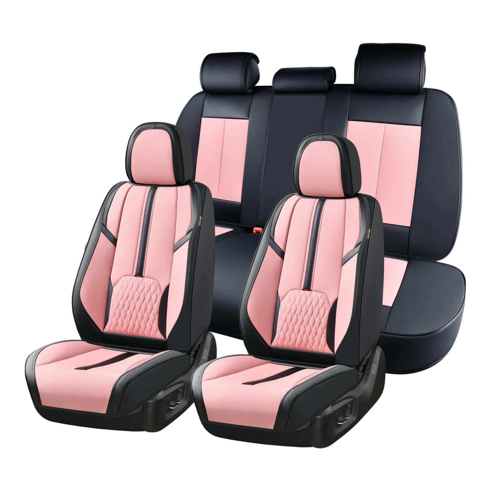 Coverado Leather Seat Cover Full Set, Waterproof Car Seat Covers with Lumbar Support, Front and Rear Seat Covers for Car, Universal Car Seat Protectors Car Seat Cushion Fit for Most Cars (Black&amp;Pink)