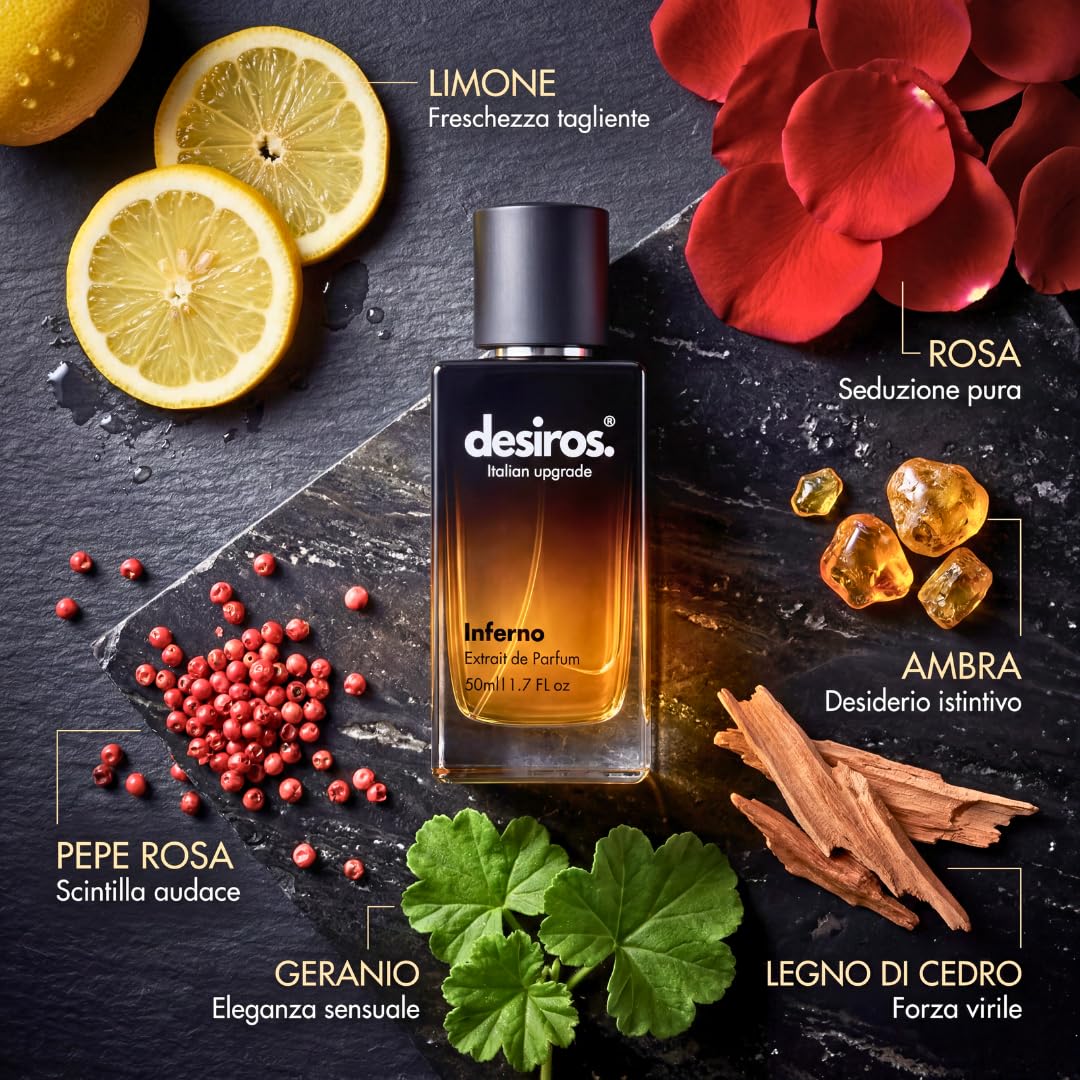Desiros Inferno – Italian Luxury Cologne for Men – Seductive Long Lasting Parfum with Citrus, Woody & Amber Notes – 25% Essential Oils – Premium Gift for Him – 50ml