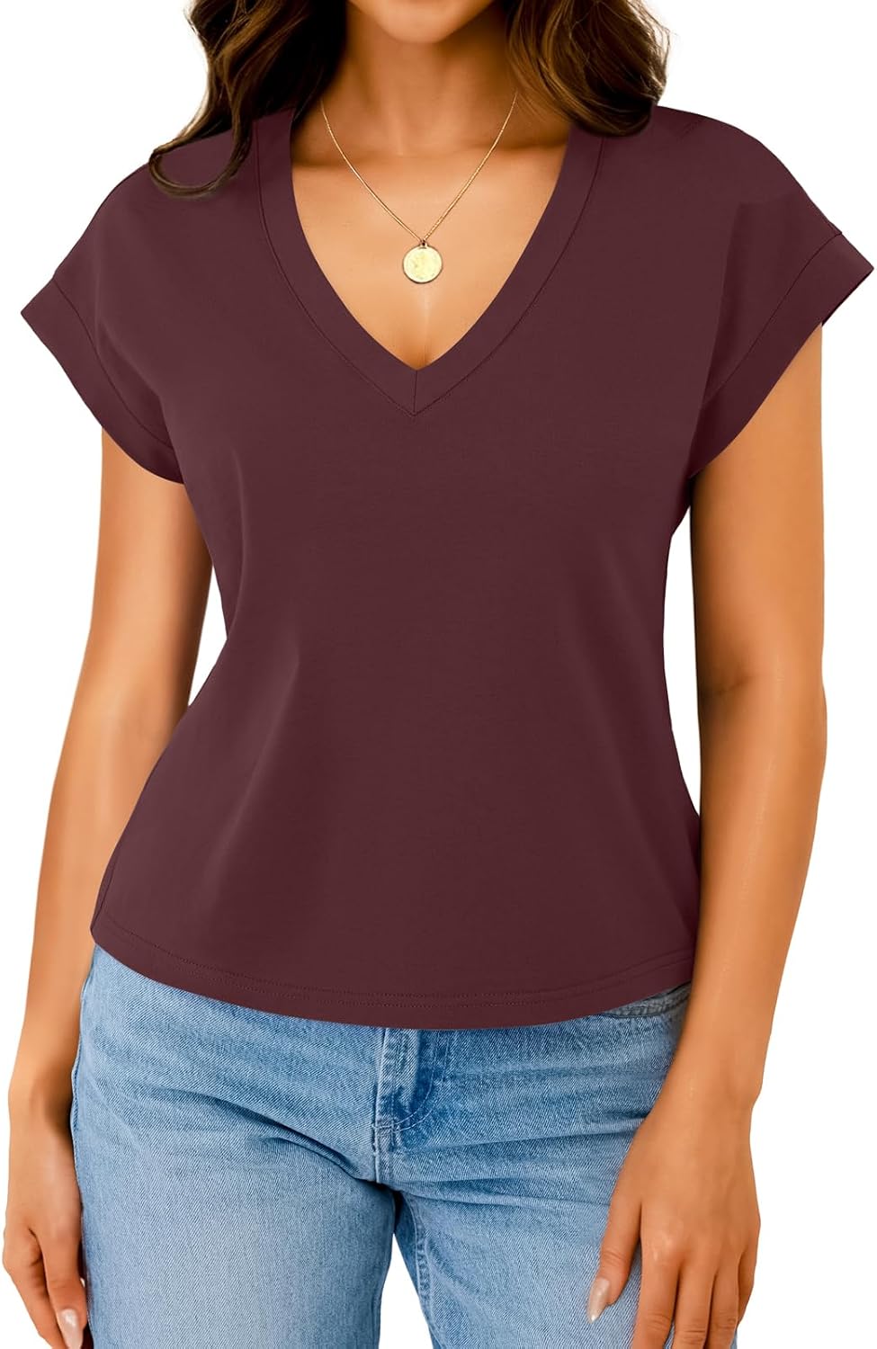 Womens Cotton Tops Cap Short Sleeve Crop V Neck Basic Shirts Boxy Casual Spring Summer Clothing Outfits - Image 5