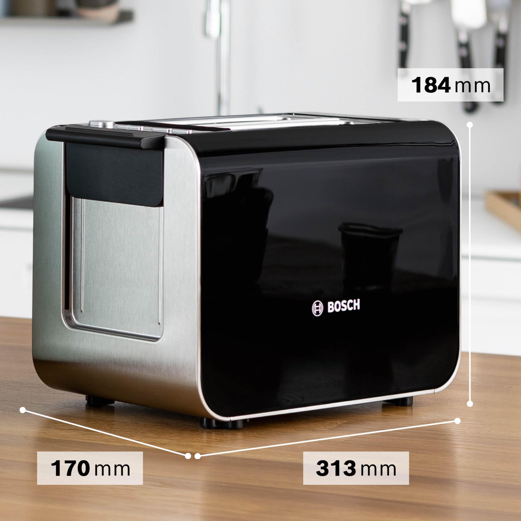 Bosch Toaster Styline TAT8613N, integrierter Brötchenaufsatz, Liftfunktion, Auftaufunktion, Abschaltautomatik, Brotzentrierung, 800 W, Edelstahl/schwarz