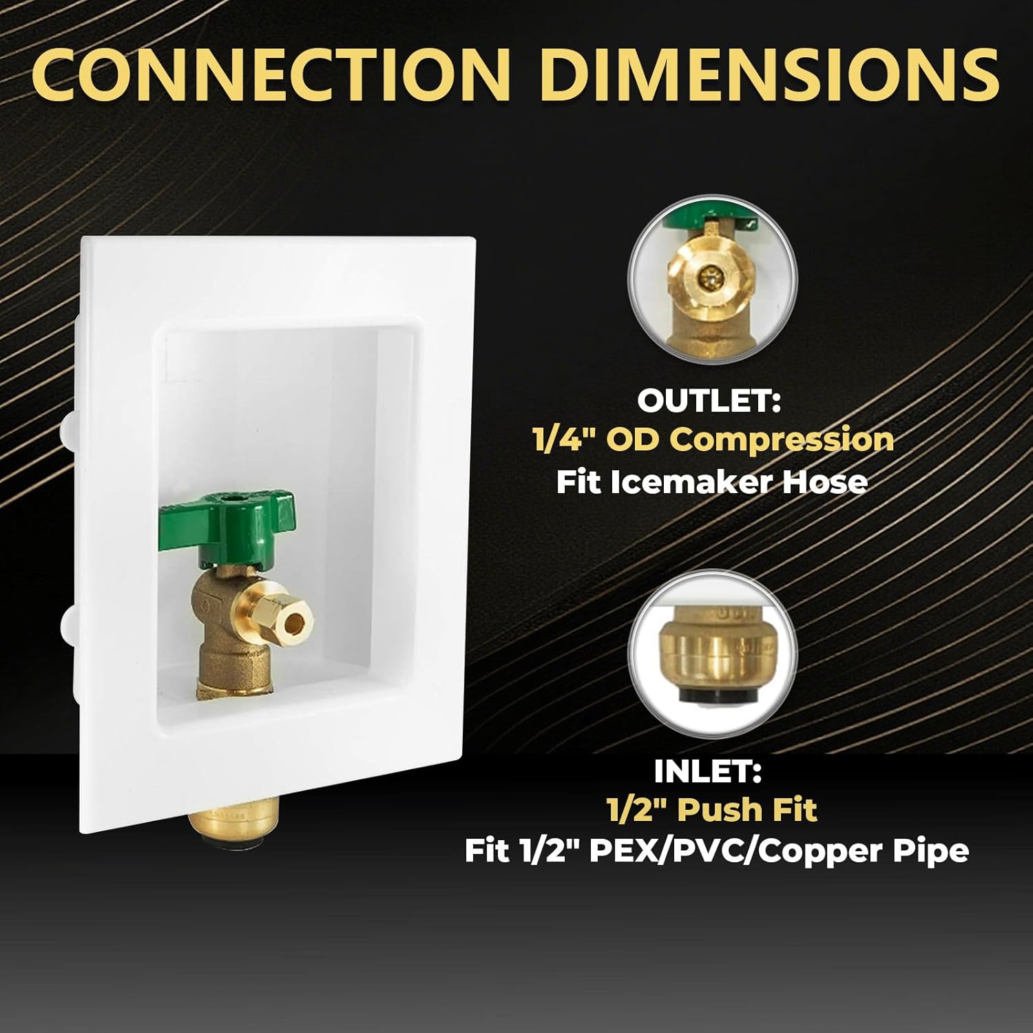 5 PCS Foskan 1/2" Push Fit Inlet Ice Maker Outlet Box (Pre-Assembled), 1/4" OD Compression Outlet, with Installed Green-Handled Quarter-Turn Ball Valve