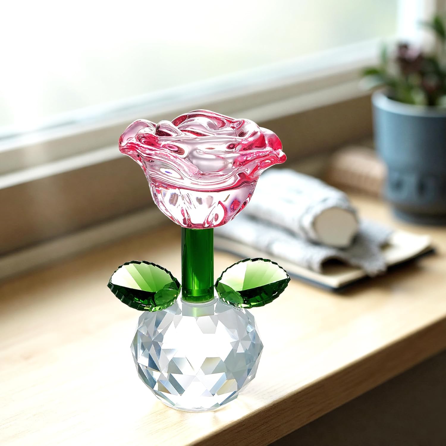 Crystal Pink Rose Figurine Glass Flower with Ball Base Collectibles Figurines Flower Gift for Women(2.1 * 3.5inch) - Image 8
