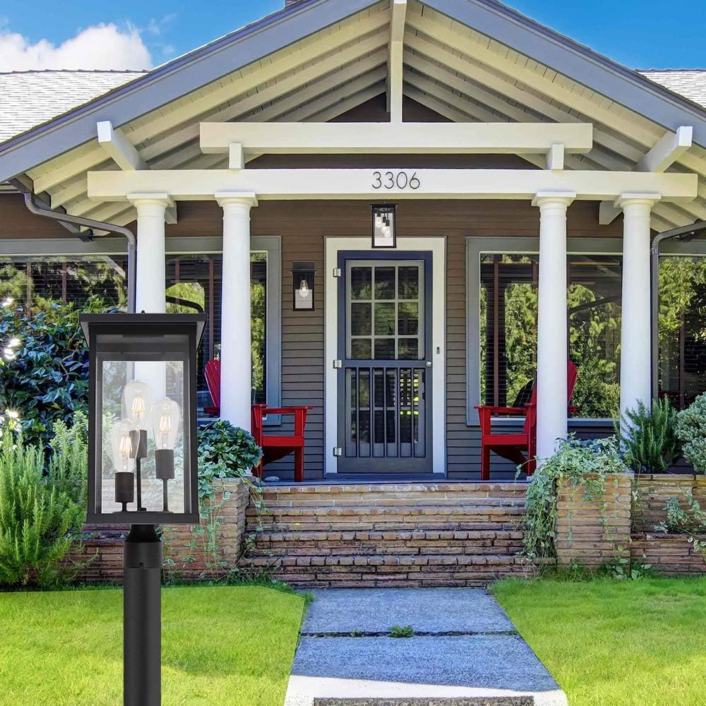 One-Day Sale: Up to 60% Off TODOLUZ 3-Lights Outdoor Post Porch Lantern Light Fixture with Clear Glass, Exterior Post Lighting in Black Finish for Backyard Path Doorway