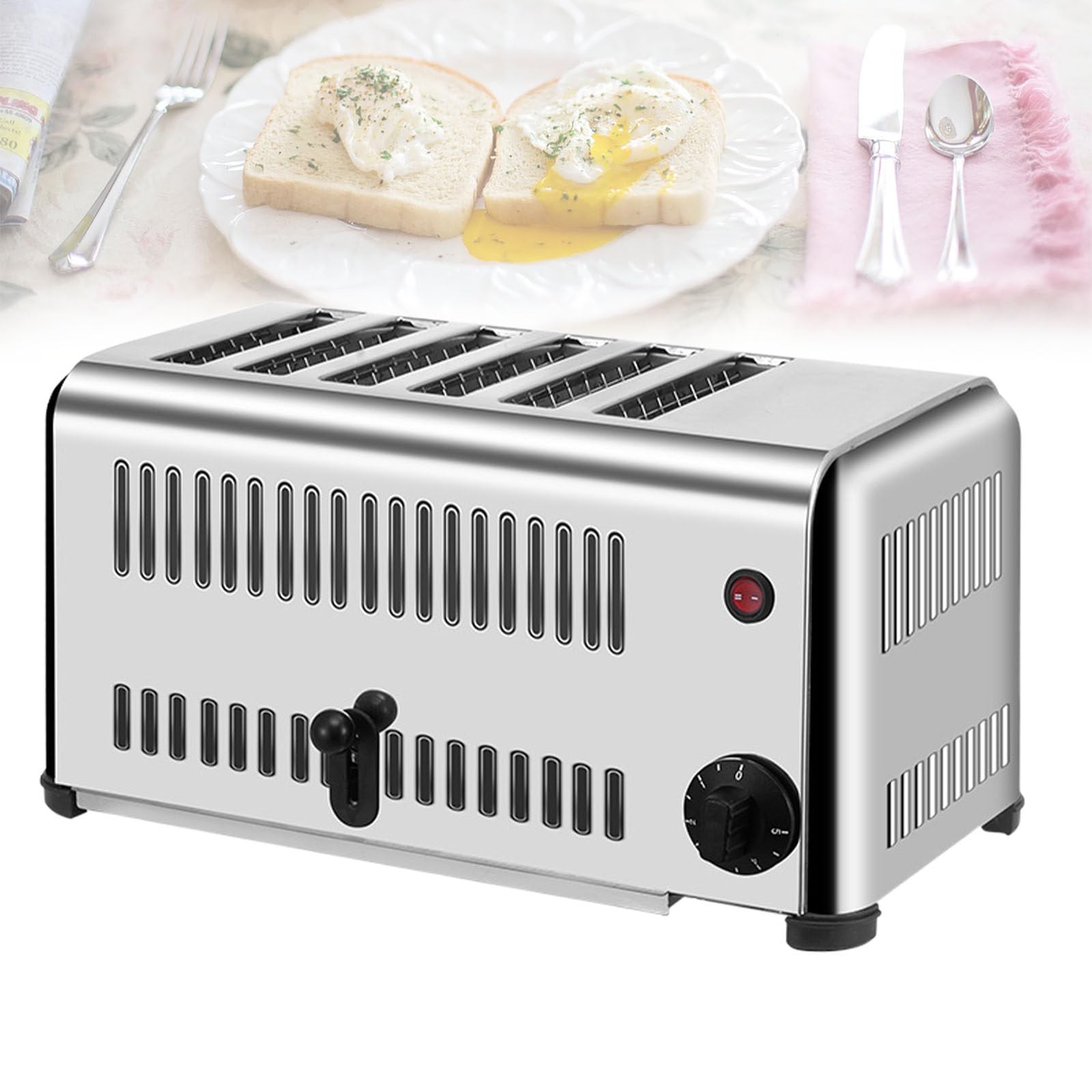 Tostadora de 6 Rebanadas, Tostadora de Acero Inoxidable, Máquina para Hornear Pan Comercial de 6 Ranuras, con Temporizador, Bandeja para Migas Extraíble, para Restaurante, Hogar 2240W