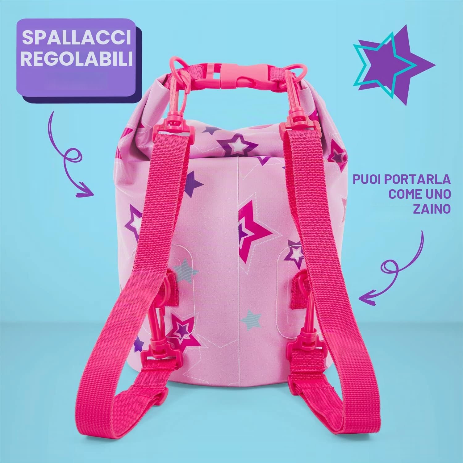 Sacca Impermeabile Mare da Bambina con Sirena Unicorno - Borsa Mare Spiaggia Rosa e Fucsia da Bimba - Zaino Kayak Nuoto Barca Snorkeling - Dry Bag Regolabile per Bambine - 25x18x18 cm
