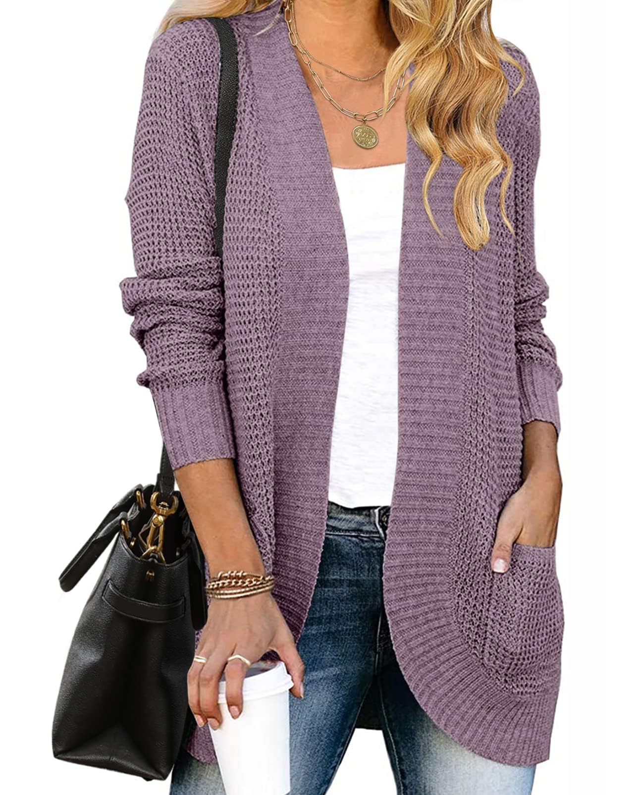 Women's Long Sleeve Open Front Casual Lightweight Soft Knit Cardigan Sweater Outerwear with Pockets Purple