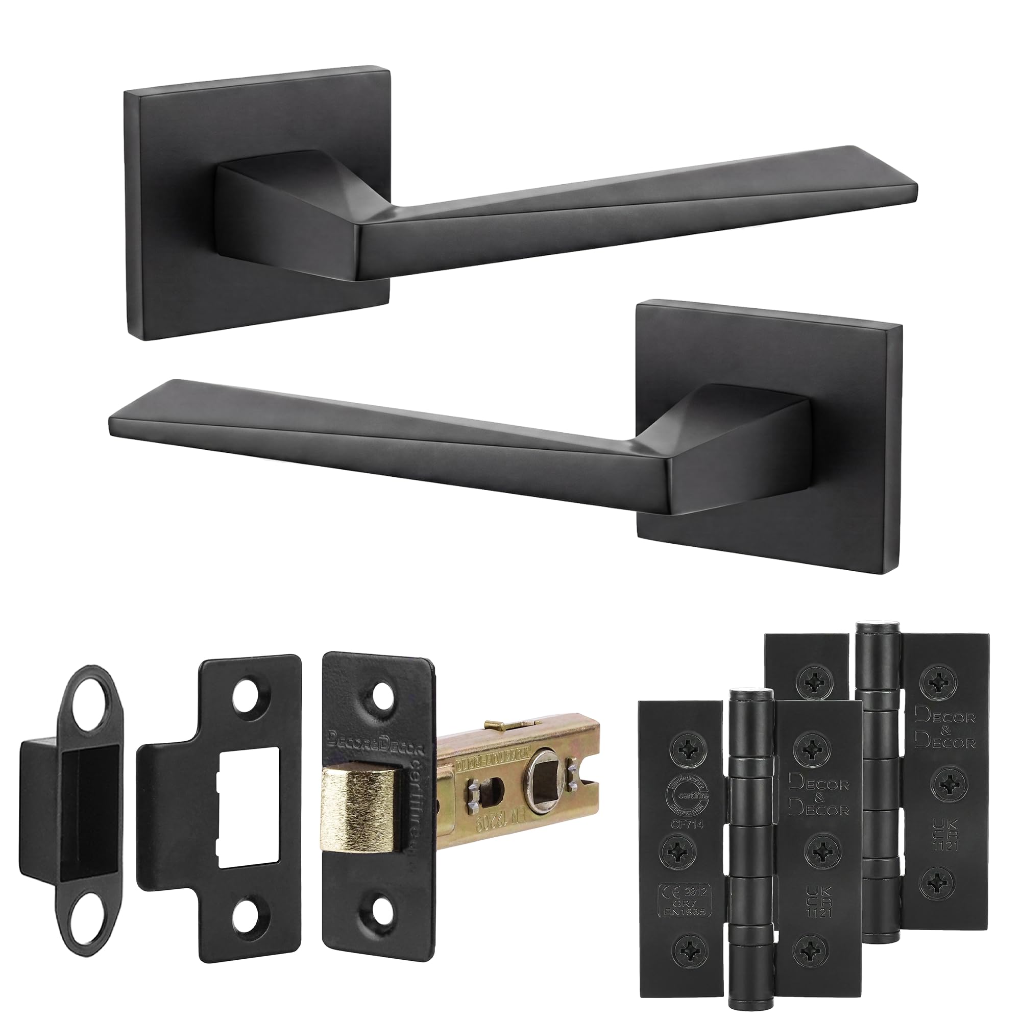 Decoranddecor Leda Matt Black Lever Handle Set – Aluminium Internal Door Fittings with Fire Rated Tubular Latch and Hinge, Functional Modern Hardware Crafted for Wooden Interiors and Living Spaces