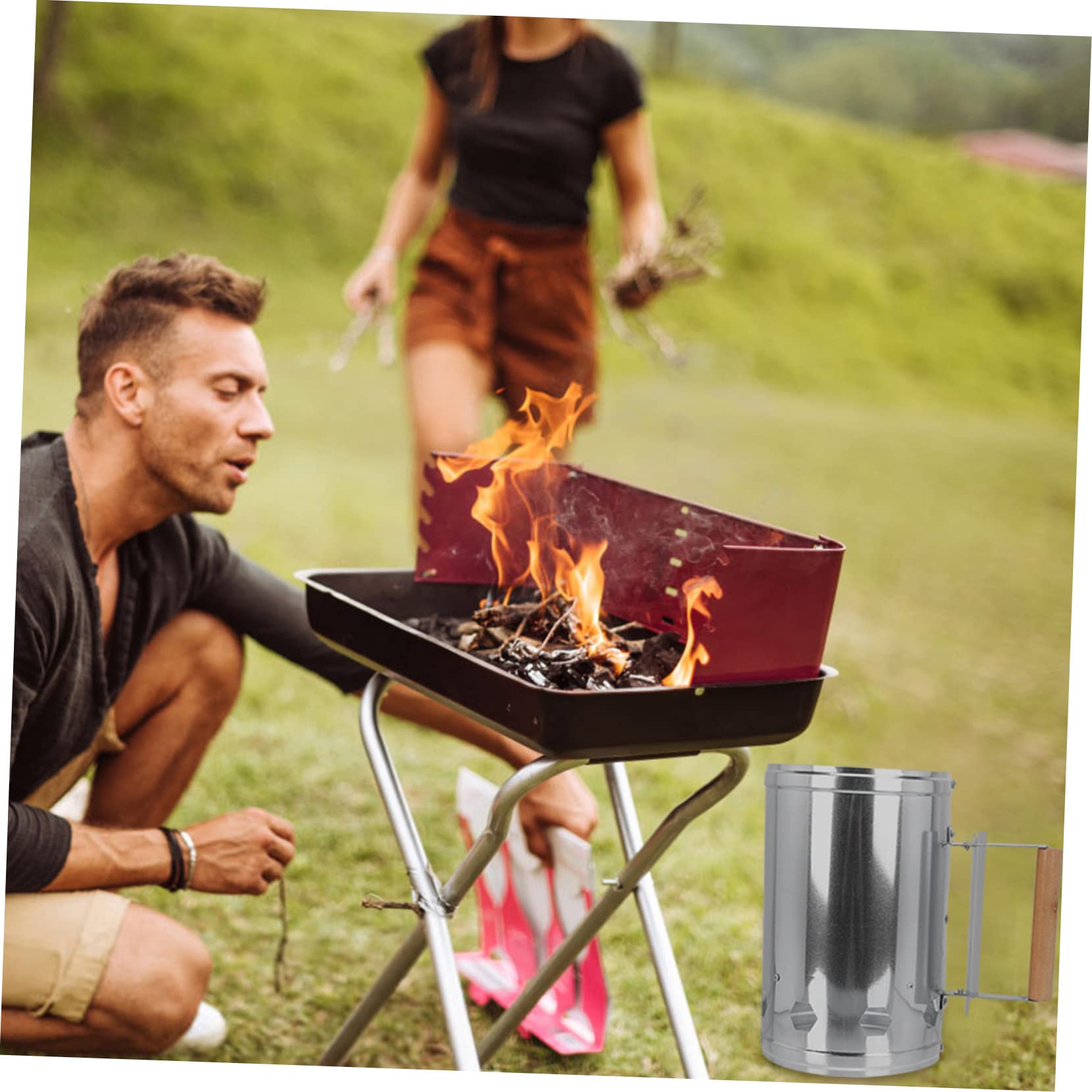 Hemobllo Accenditore Carbone Barbecue Manico in Legno, Argento | Alluminio Base Ampia e Prese D’aria, Riduce i Tempi di Riscaldamento, per Griglia e Charcoal Bbq