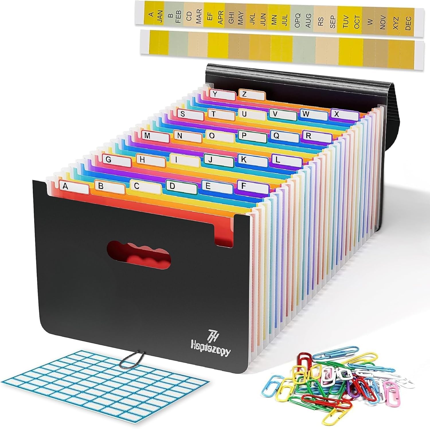 File Organiser, 26 Folders for Paperwork A4, 34 x 25 x 4 cm Document Organiser Quality PP, Flap & Elastic Cord Closure Comes with Labels, Tags & Sticker Card