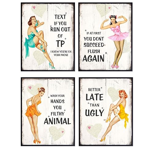 Rustic Bathroom Decor, Vintage Wall Art Set - 8x10 Photo Poster Prints, Shabby Chic Bathroom Wall Decor, Signs, Artwork, Accessories - Wash Your