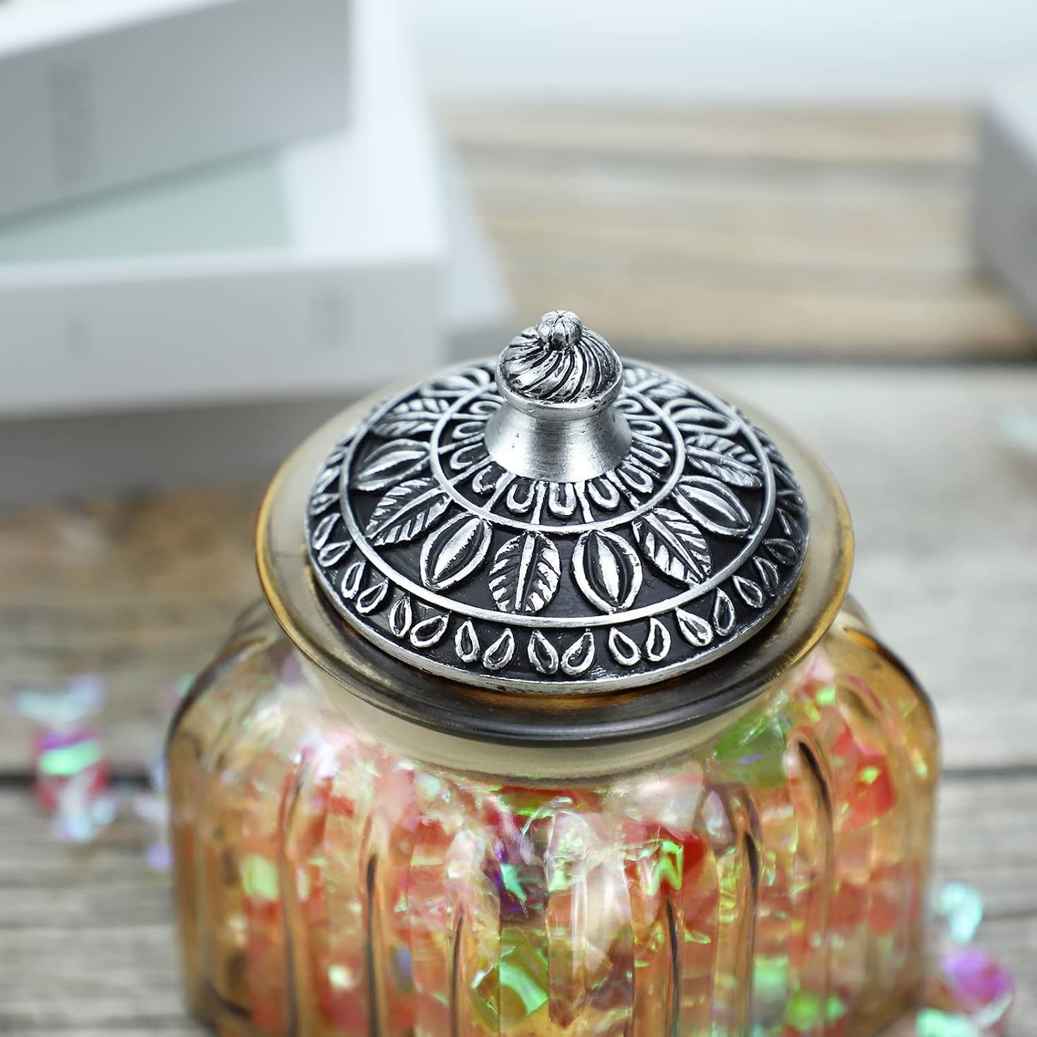 SOCOSY Vintage Crystal Glass Candy Jar with Lid Food Jar Nut Jar Jewelry Box Wedding Candy Buffet Jars Kitchen Storage Assorted Color 24 oz image 5