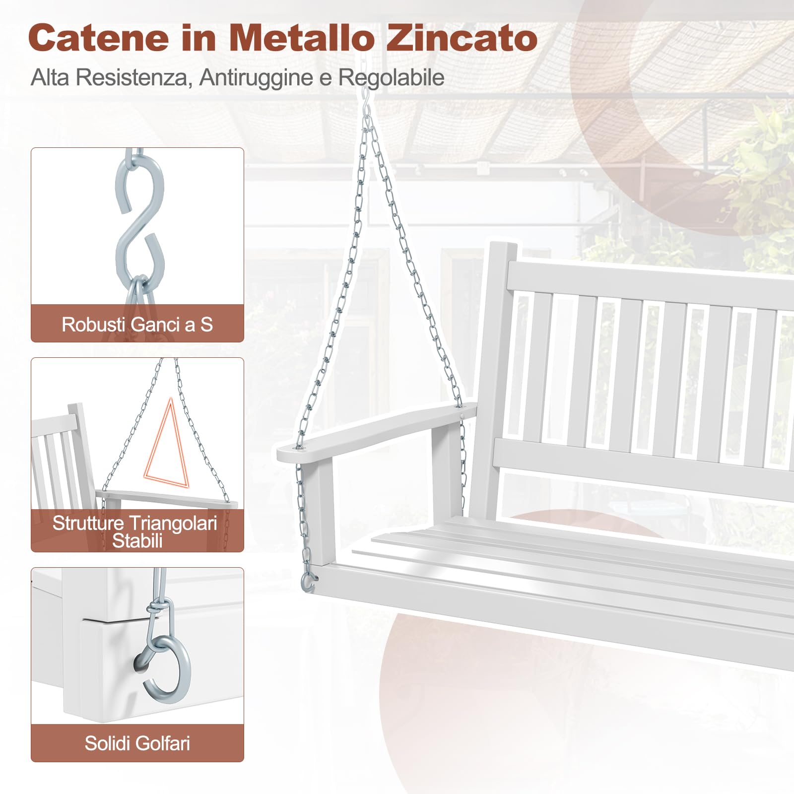 GYMAX Altalena da Giardino in Legno, con Schienale a Doghe, Sedile Curvo e Comodi Braccioli, Design Ergonomico per 2 Persone, Sedia a Dondolo con Capacità di Carico 230 kg (Bianco)