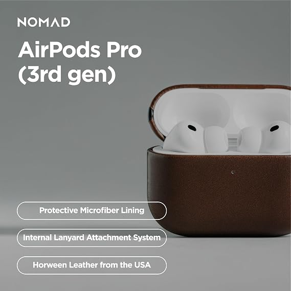 Nomad Airpods Pro 3 Case in Rustic Brown Horween Leather, AirPods Pro 3rd gen Case Cover, Compatible with AirPods Pro Case 3rd, Case Cover, Qi and MagSafe Charging