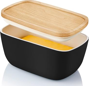 ALELION Ceramic Butter Container with Airtight Wooden Lid - Black Butter Keeper Crock for Countertop - Holds Up To 3 Sticks