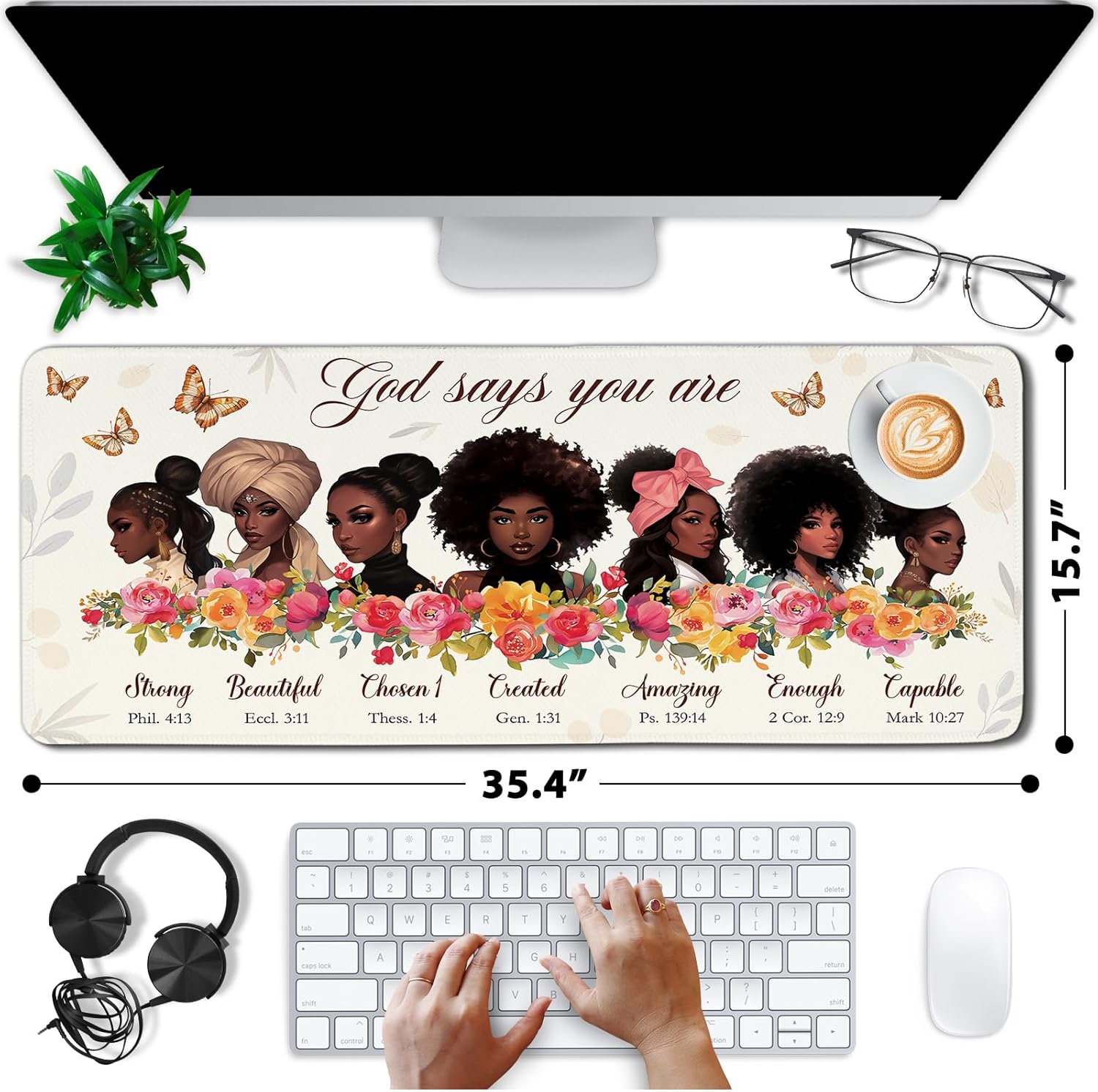 Gaming Mouse Pad Large, Bible Black Girl Computer Keyboard Mousepad, Mouse Mat Non-Slip Base Stitched Edges, Christian Inspiration African American Women, Desktop Mat for Home Office 15.7”x 35.4” XXL