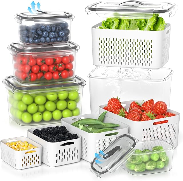 Damynuo 5 Emballage de contenants de fruits pour réfrigérateur - Conteneurs de baies claires avec conlander, bacs d'organisateur de réfrigérateur hermétiques avec poignée d'évent pour les organisateurs de réfrigérateur et de stockage garder frais