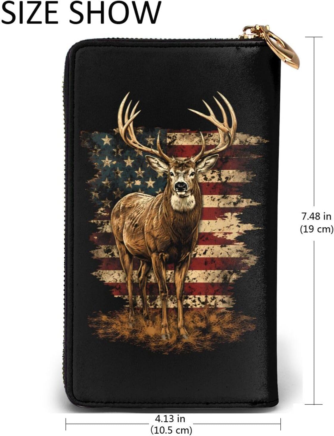 Retro American Flag Deer Hand Held Wallet with Zipper Leather Waterproof Unisex