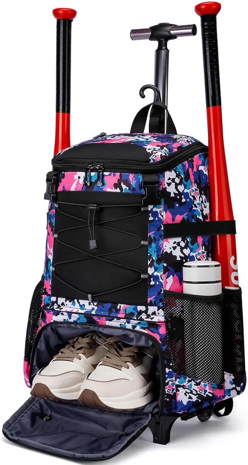 Softball Bag, Baseball Rolling Bat Bag - Wheeled for Youth Girls Adult, Lightweight Baseball Equipment Backpack with Shoe Compartment, Bat Backpack with Fence Hook for TBall Bat, Helmet