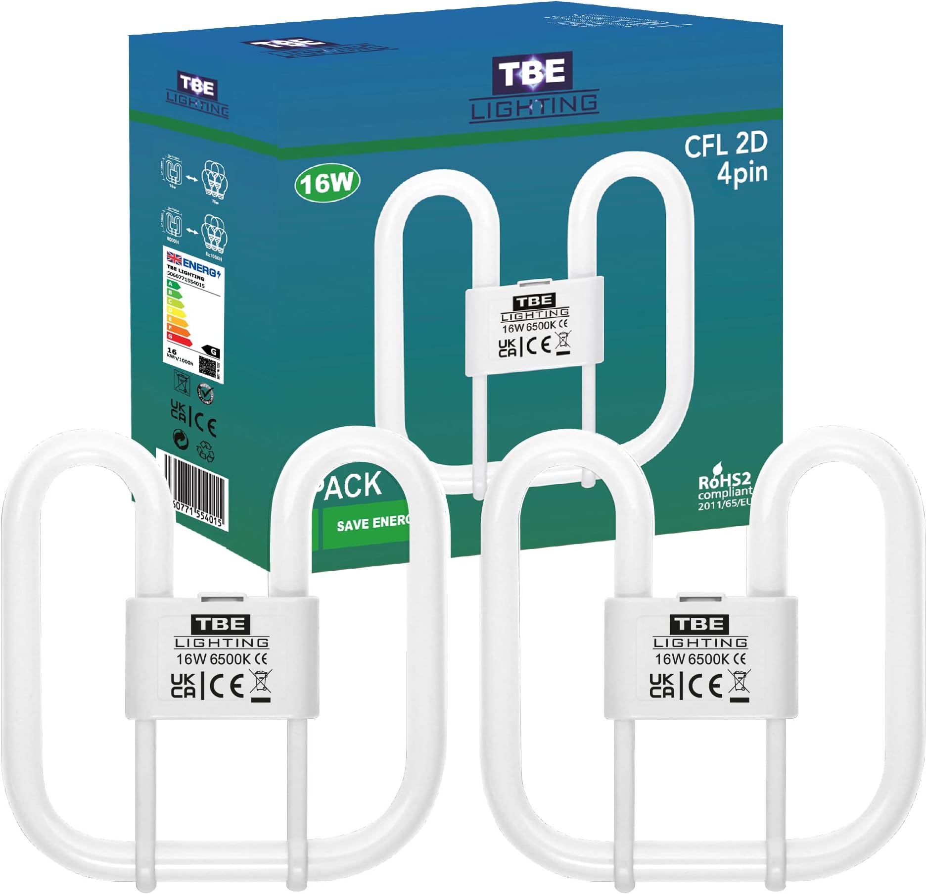 TBE LIGHTING 16w 2D 4-PIN CFL Energy Saving Lamps - DD Fluorescent Bulbs - 4-Pin GR10q Base Fittings - Long Life Lamp, Day Light White 6500K (2PACK)