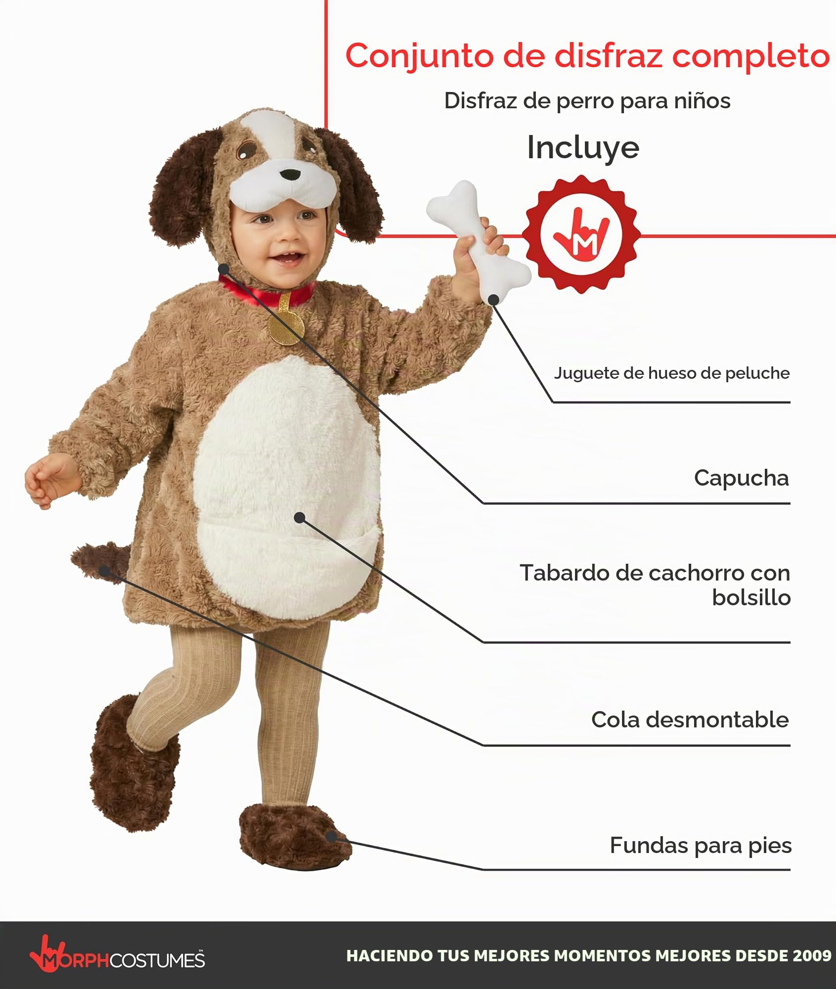Morph Disfraz Perro Niño, Disfraz Cachorro Halloween Niño | Tabardo de Felpa, Capucha, Cola & Cubrezapatos, Diseño de Cachorro, Perfecto para Halloween, Ideal para Juegos de Rol