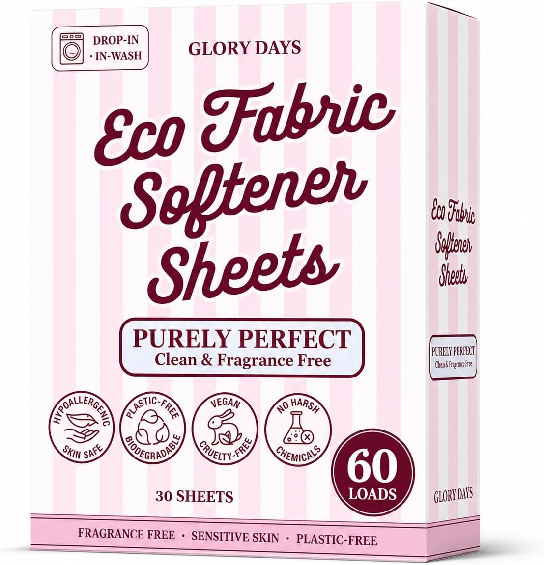 Glory Days Fabric Softener Sheets for Washer — Replaces Liquid Softener, Hypoallergenic, Fragrance Free, Sensitive Skin Safe, Plastic-Free, 60 Loads