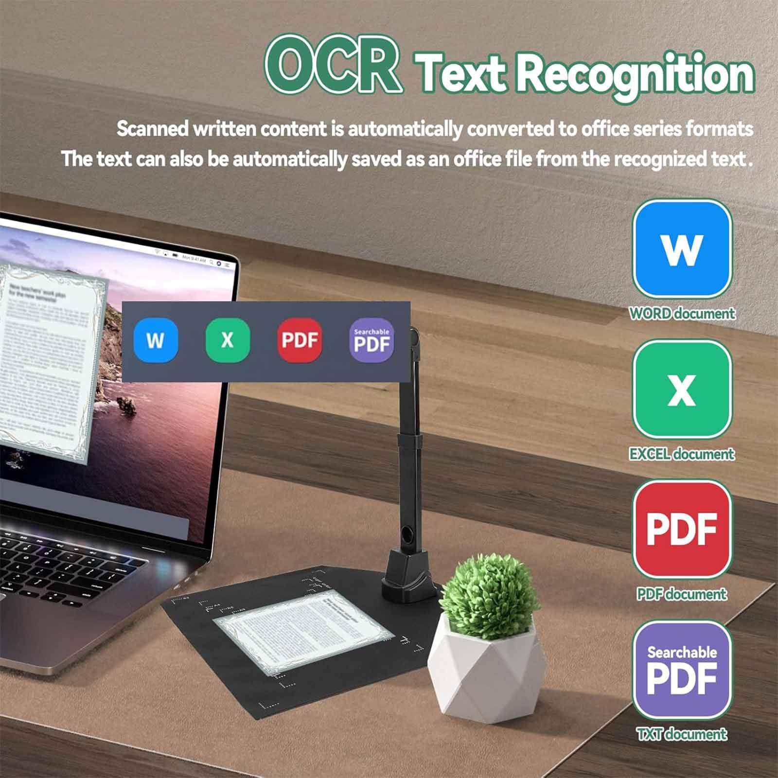 Escáner de cámara de documentos, 12 MP con luz LED, reconocimiento de texto OCR, corrección automática de desviación, proyección en tiempo real, PDF de varias páginas