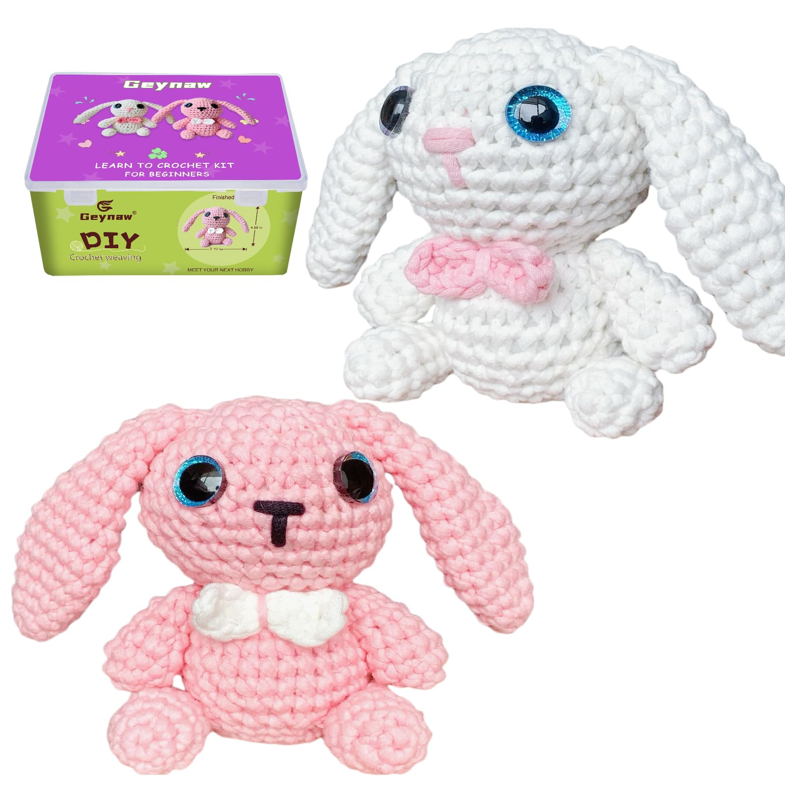 Geynaw Crochet Kit for Beginners - Learn to Crochet Amigurumi Stuffed Animals - Gift - for Kids (13+) and Adults - Beginner-Friendly Yarn - Step Video Tutorials Crochet Starter Kit - Rabbit, white