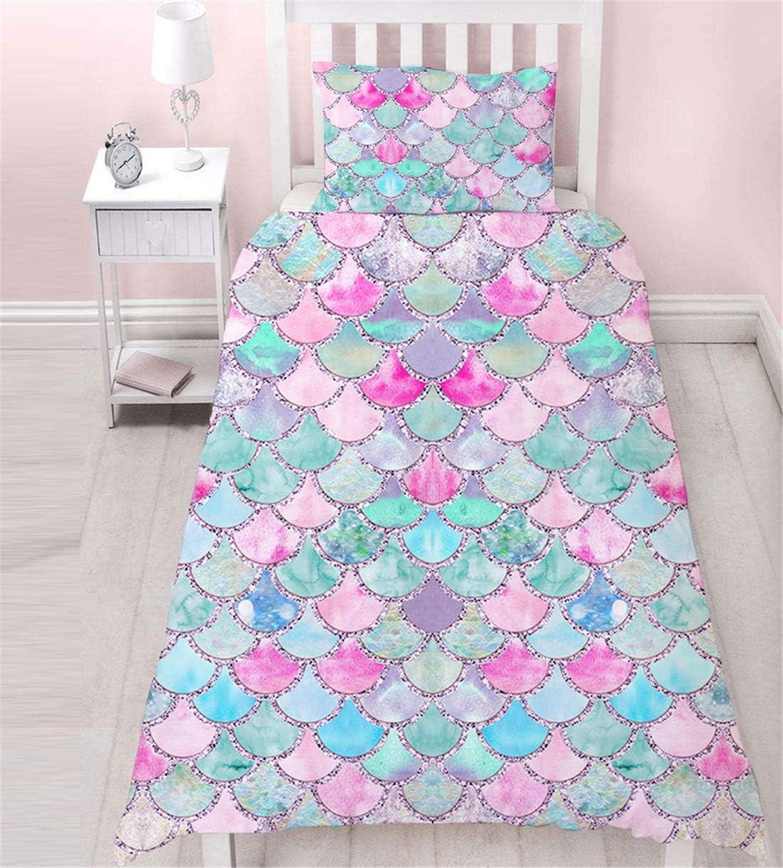MUSOLEI Mermaid Bedding Set Girls Single Duvet Covet 135x200cm Colorful 3D Mermaid Tail Blue Duvet Cover Sets Pink Lovely Quilt Cover Soft with Pillwocase 50x75cm