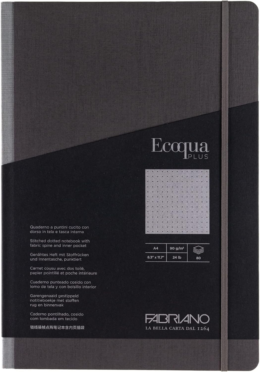 Fabriano Ecoqua Plus Fabric-Bound Notebook, 8.3" x 11.7", A4, Dotted, Gray