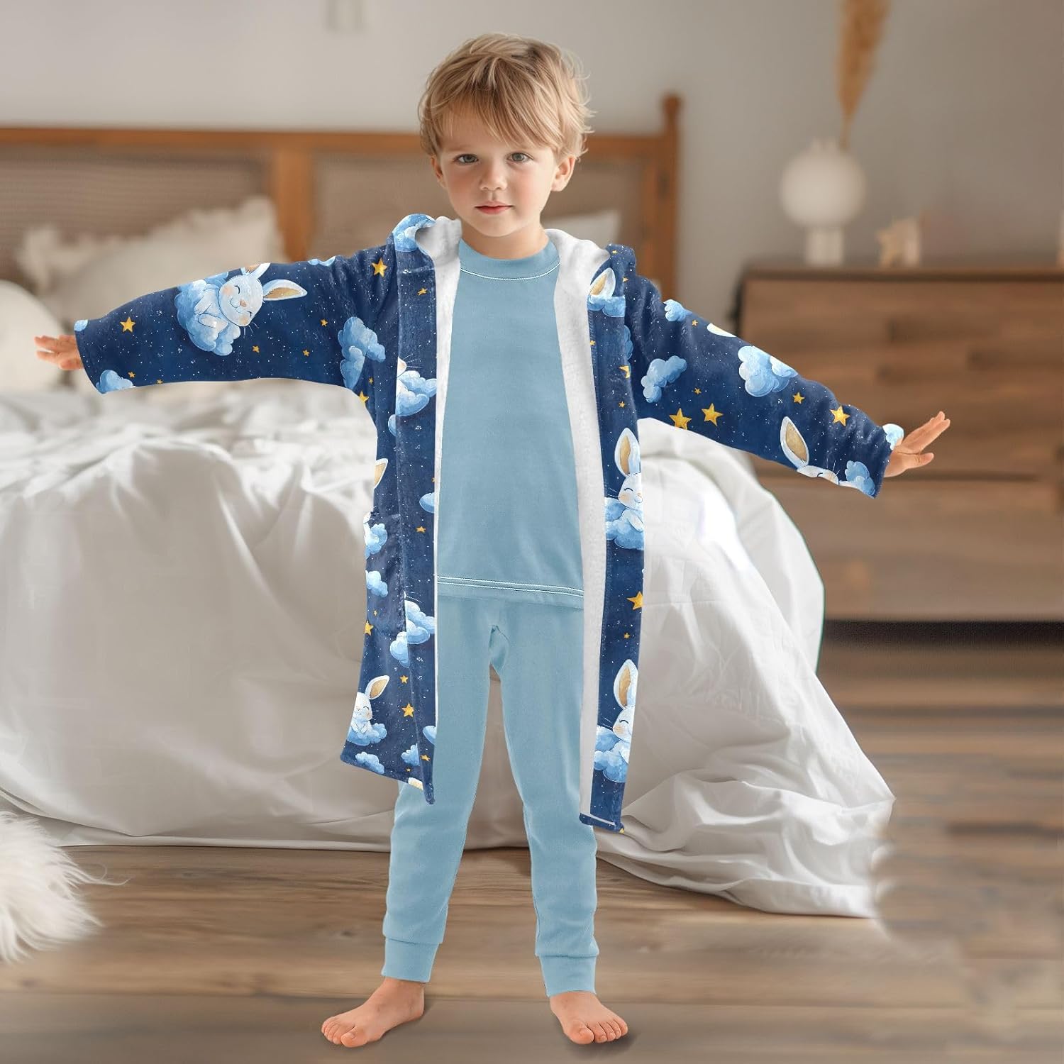 senya Night Rabbit Blue Cloud Toddler Hooded Bathrobe Kids Soft Plush Bath Towel Robes for Boys Girls 2-12 Years
