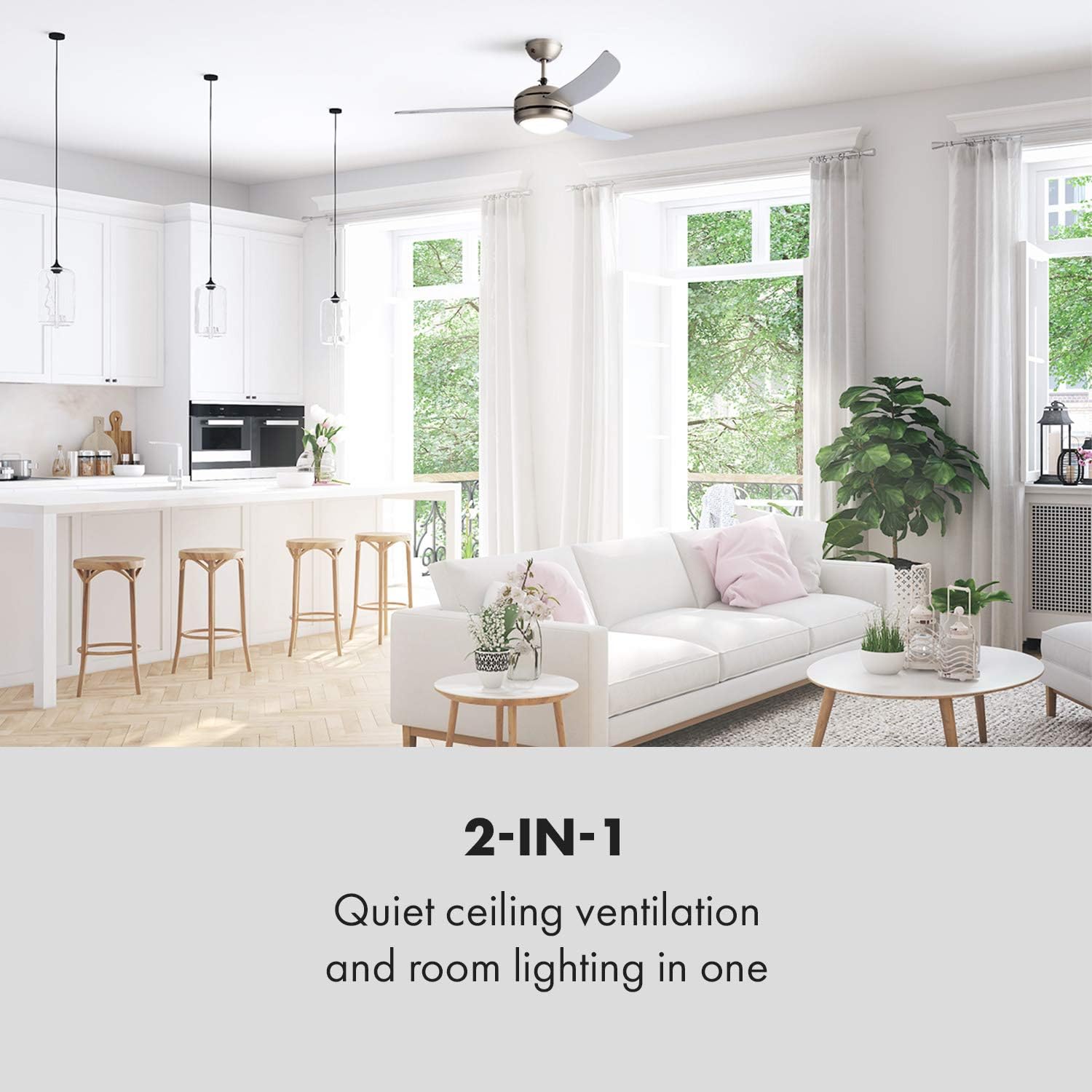KLARSTEIN El Paso 2-in-1 Ceiling Fan, Ceiling Fan and Ceiling Light, Diameter 132 cm, 3 Blades, Flow Rate 10,344 m³/h, 3 Speeds, Silver